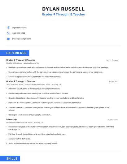 Grades 9 Through 12 Teacher Resume