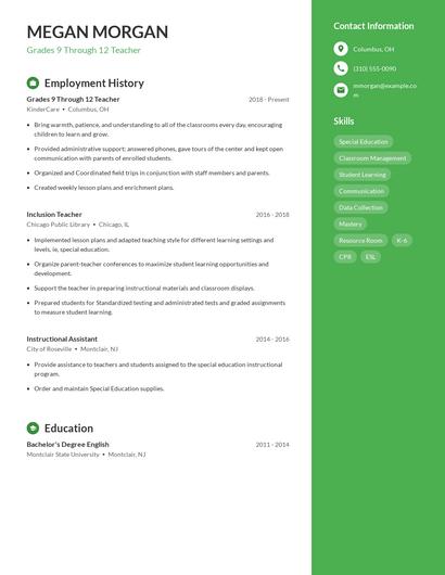 Grades 9 Through 12 Teacher Resume