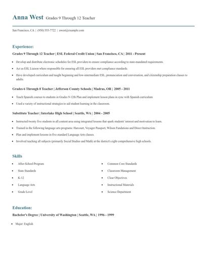 Grades 9 Through 12 Teacher Resume