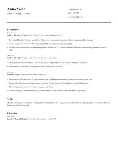 Grades 9 Through 12 Teacher Resume