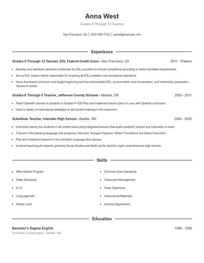Grades 9 Through 12 Teacher Resume