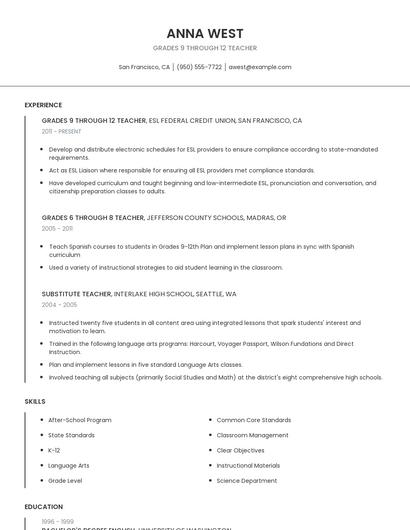 Grades 9 Through 12 Teacher Resume