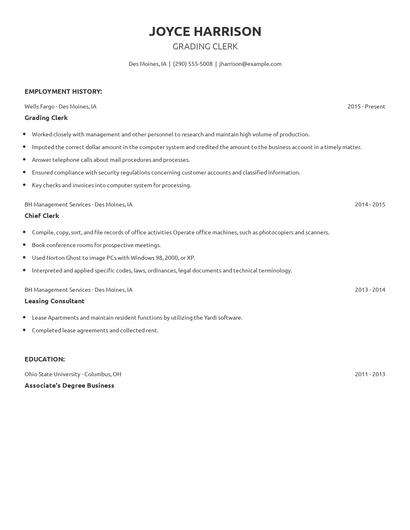 Grading Clerk Resume
