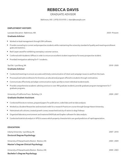Graduate Advisor Resume