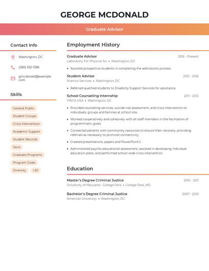 Graduate Advisor Resume