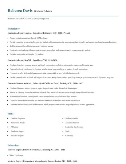 Graduate Advisor Resume