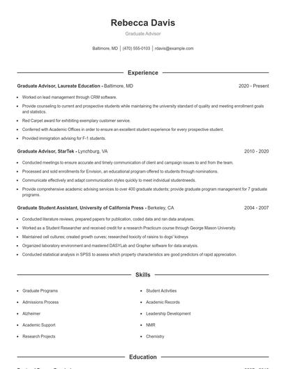 Graduate Advisor Resume