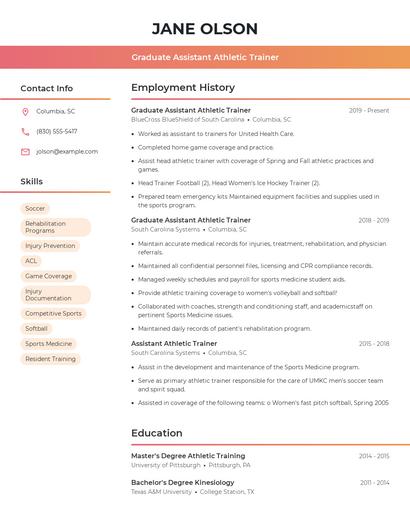 Graduate Assistant Athletic Trainer Resume
