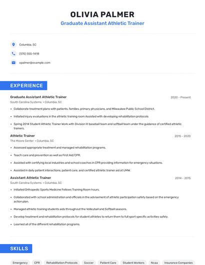 Graduate Assistant Athletic Trainer Resume