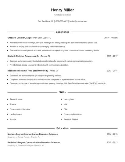 Graduate Clinician Resume