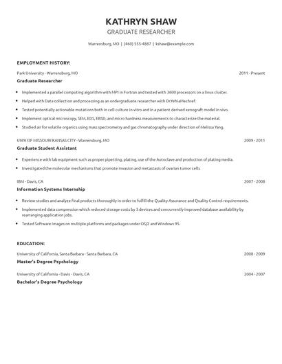 Graduate Researcher Resume