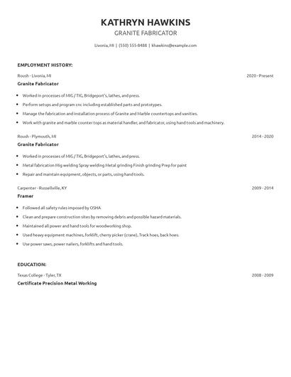 Granite Fabricator Resume