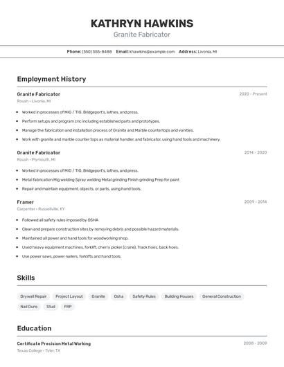 Granite Fabricator Resume