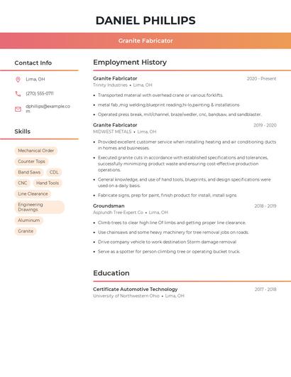 Granite Fabricator Resume