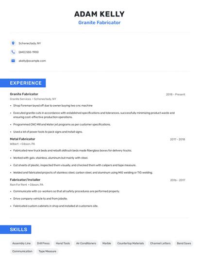 Granite Fabricator Resume