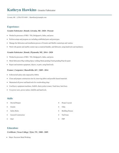 Granite Fabricator Resume
