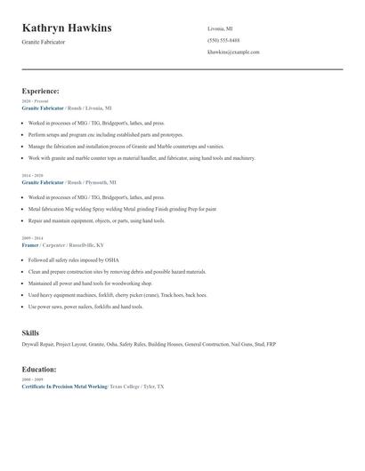 Granite Fabricator Resume
