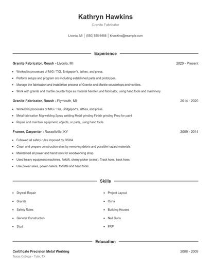 Granite Fabricator Resume