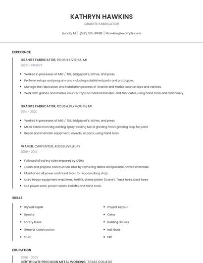 Granite Fabricator Resume