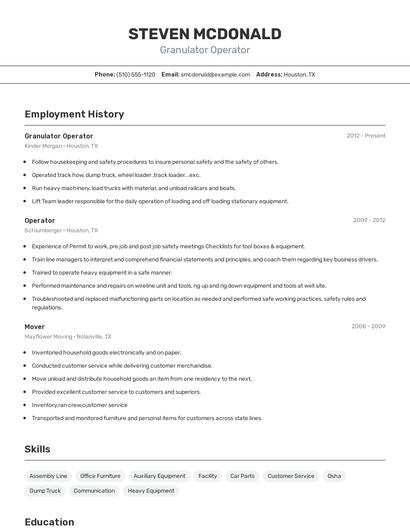 Granulator Operator Resume