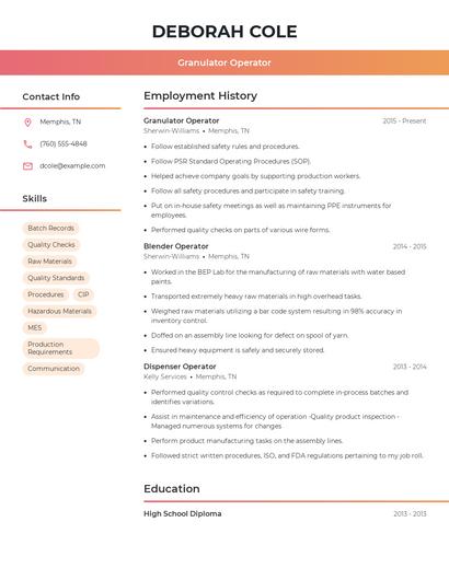 Granulator Operator Resume