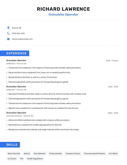 Granulator Operator Resume