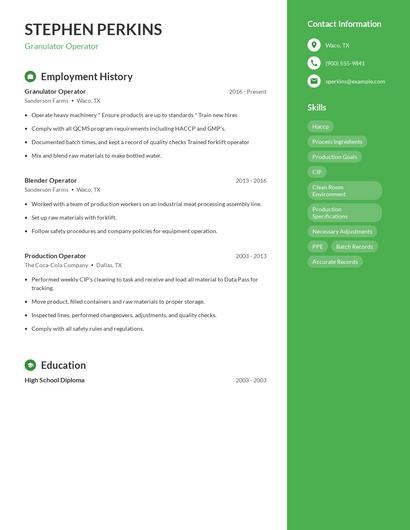 Granulator Operator Resume