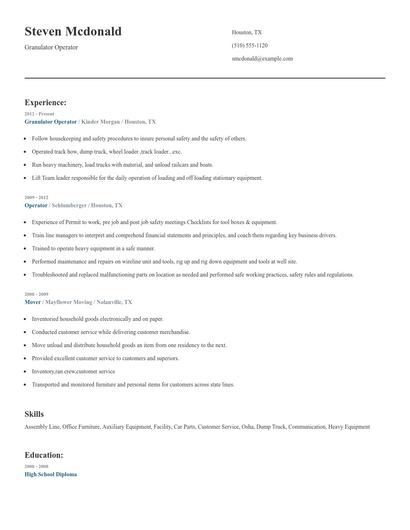 Granulator Operator Resume