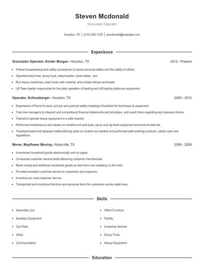 Granulator Operator Resume