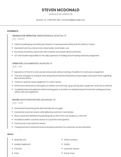 Granulator Operator Resume