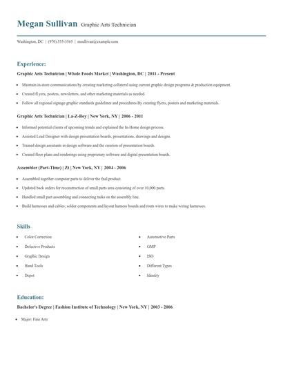 Graphic Arts Technician Resume