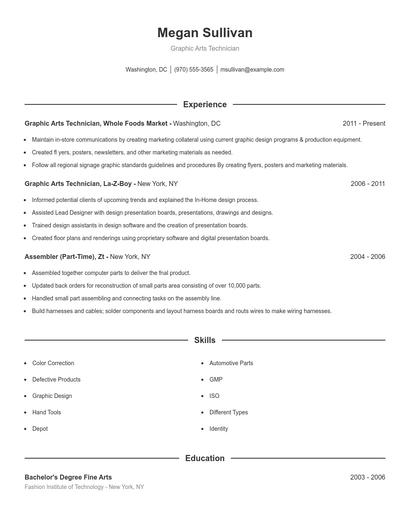 Graphic Arts Technician Resume