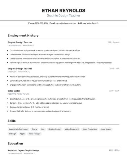 Graphic Design Teacher Resume