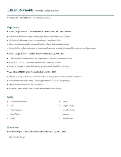 Graphic Design Teacher Resume