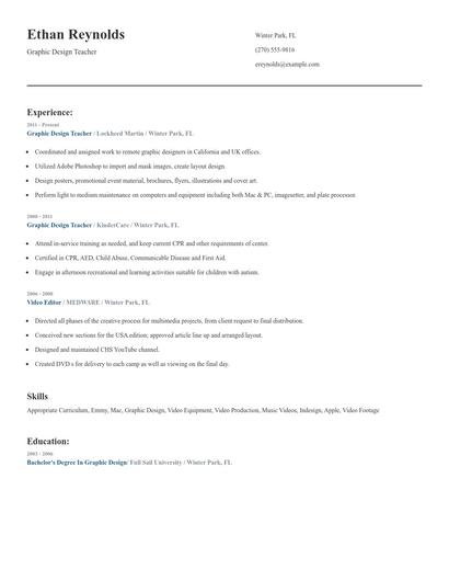 Graphic Design Teacher Resume