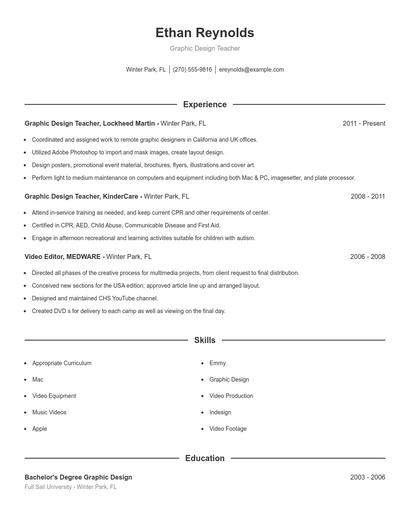 Graphic Design Teacher Resume
