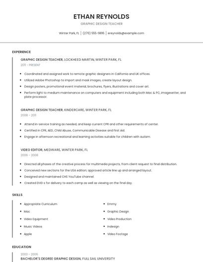 Graphic Design Teacher Resume