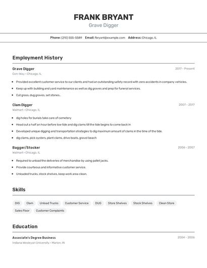 Grave Digger Resume