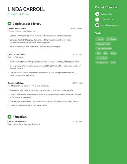 Gravel Truck Driver Resume