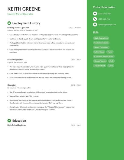 Gravity Meter Operator Resume