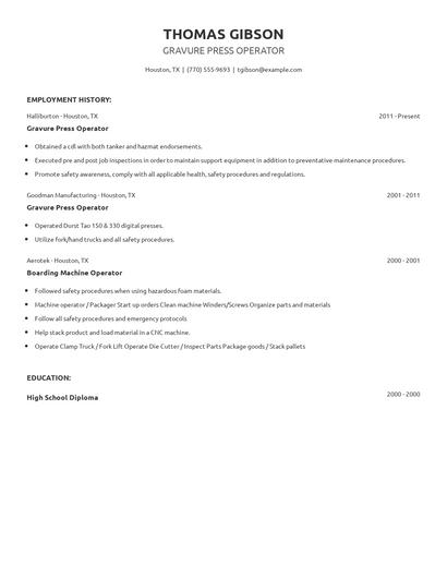 Gravure Press Operator Resume