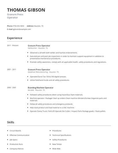 Gravure Press Operator Resume