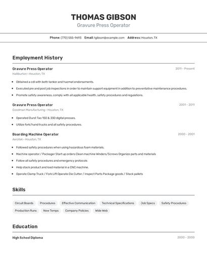 Gravure Press Operator Resume