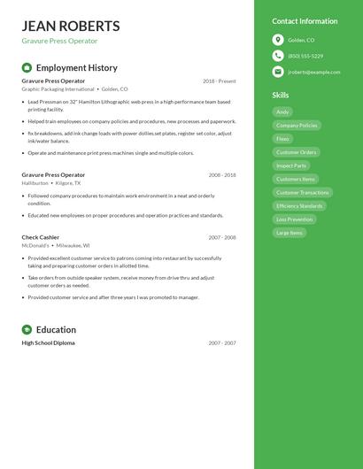 Gravure Press Operator Resume