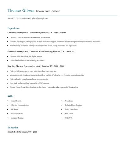 Gravure Press Operator Resume