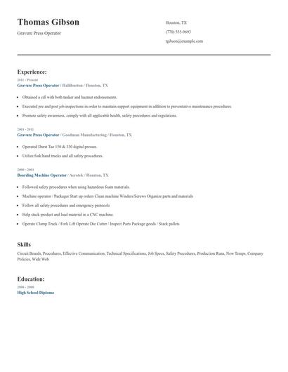 Gravure Press Operator Resume