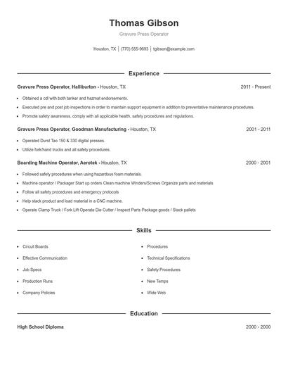 Gravure Press Operator Resume