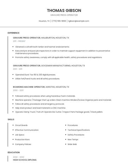 Gravure Press Operator Resume