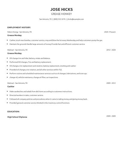 Grease Monkey Resume