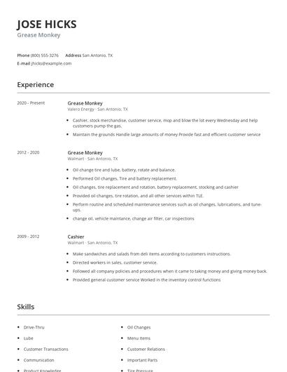 Grease Monkey Resume